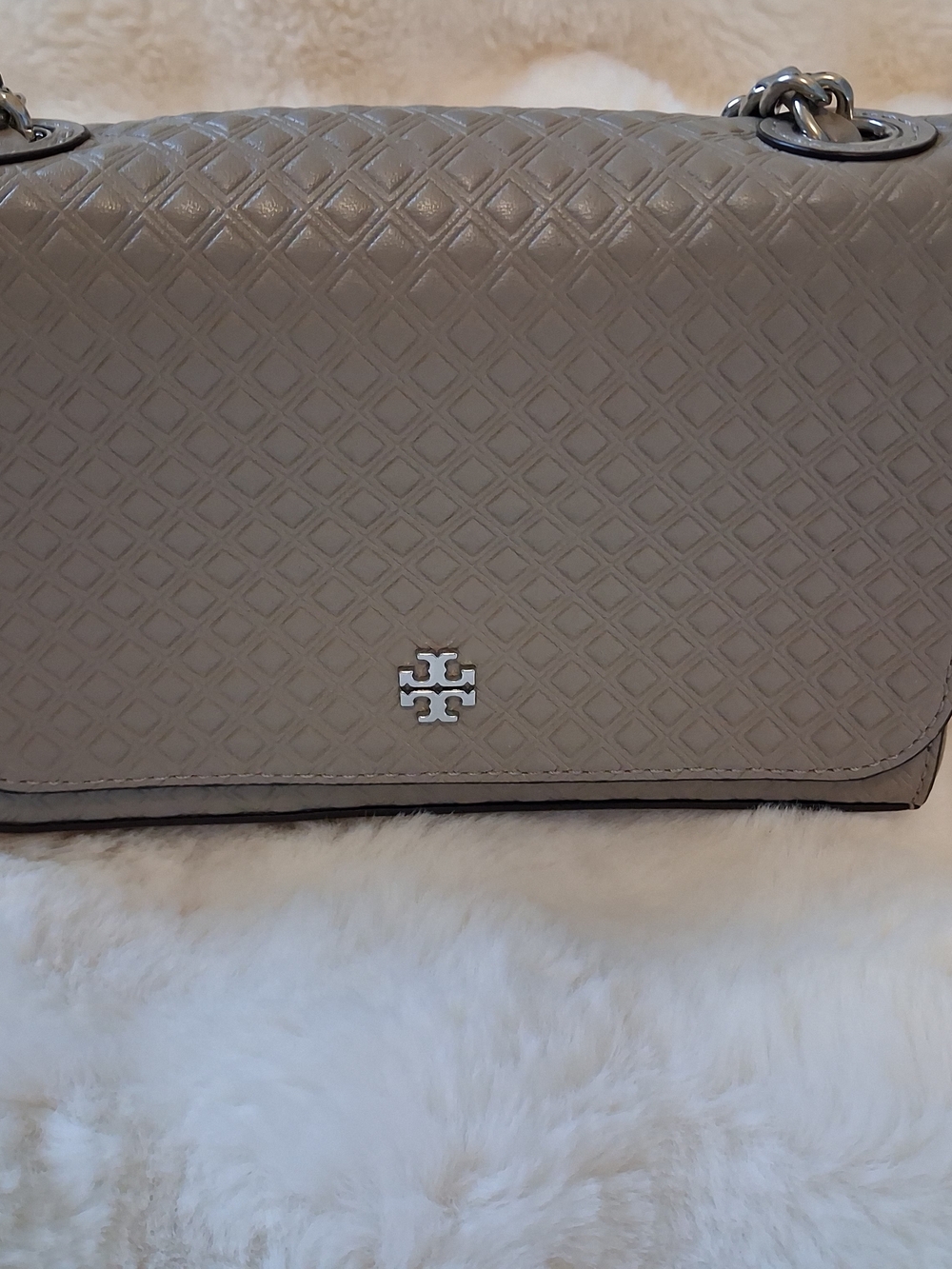 Tory Burch Marion Embozsed Leather Shoulder Bag in Grey Heron